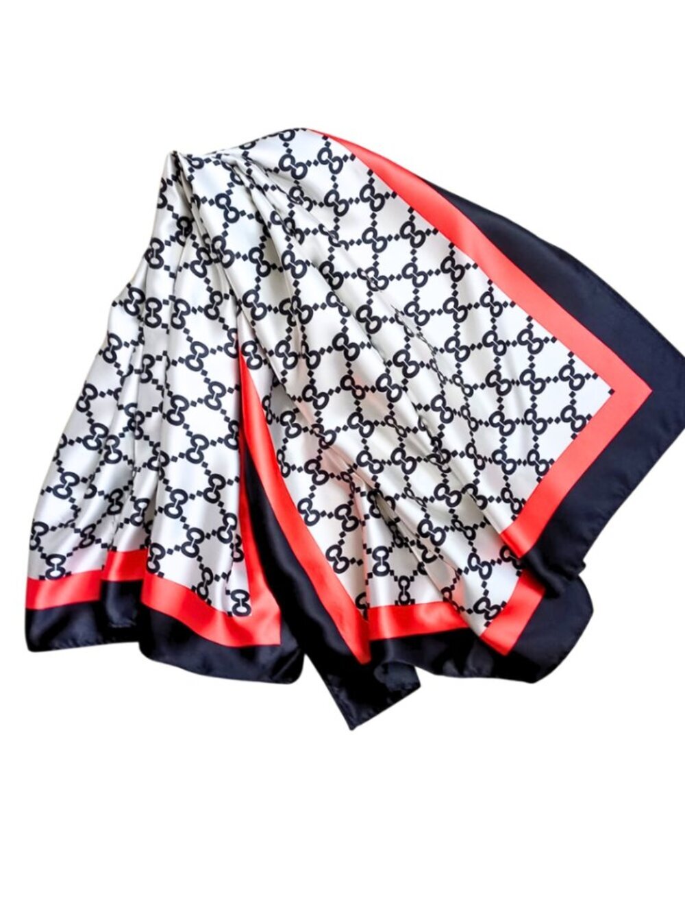 Vintage Geometric Monogram Silk Feel Scarf - Black, White & Red Border Square - Picture 8 of 9